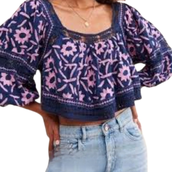 Free People Soleil Embroidered Crop Top Navy/Pink Bohemian Sz XS (oversized) - Picture 7 of 7